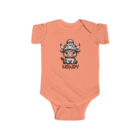 A baby bodysuit featuring a cow wearing a hat, part of the Howdy Onesie collection at Worlds Worst Tees. Made of 100% cotton, with ribbed bindings and plastic snaps for easy changing access.