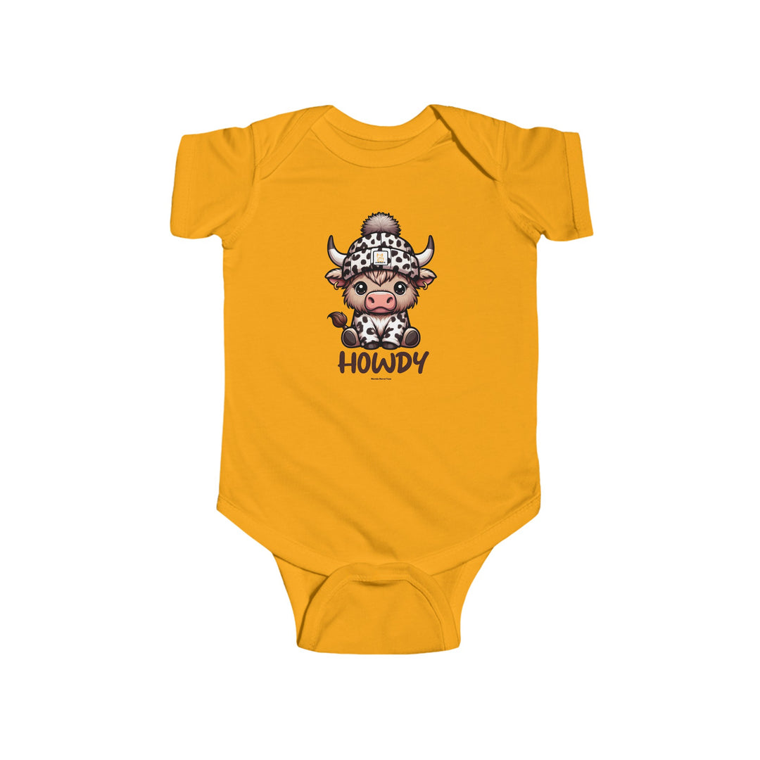 Infant fine jersey bodysuit featuring a cartoon cow design, ideal for easy changing with plastic snaps. Made of 100% cotton for durability and softness. From 'Worlds Worst Tees'.