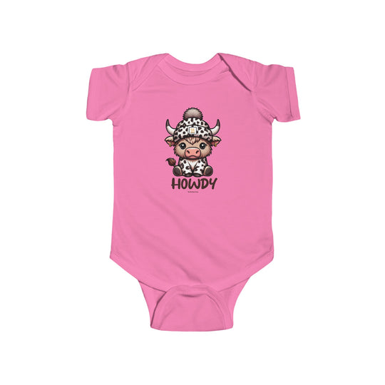 A pink baby bodysuit featuring a cow design, part of the Howdy Onesie collection at Worlds Worst Tees. Made of 100% cotton, with ribbed bindings for durability and plastic snaps for easy changing access.