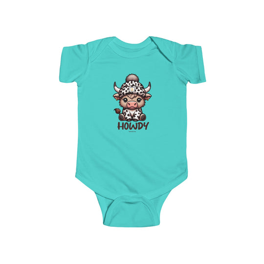 Infant fine jersey bodysuit featuring a cow cartoon in a hat, titled Howdy Onesie. Made of 100% cotton, light fabric with ribbed bindings and plastic snaps for easy changing. From Worlds Worst Tees.