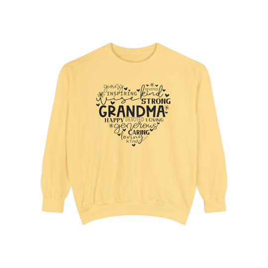Unisex Grandma Crew sweatshirt in yellow with black text. Made of 80% ring-spun cotton and 20% polyester, featuring a relaxed fit and rolled-forward shoulder. Luxurious comfort in medium-heavy fabric.
