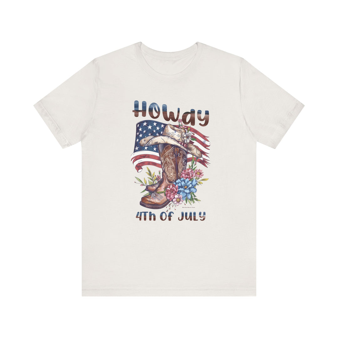 A white t-shirt featuring a cowboy hat, boots, and flowers, embodying a Western theme. Made of soft cotton, with ribbed knit collars and taping for durability. From Worlds Worst Tees, known for unique graphic t-shirts.