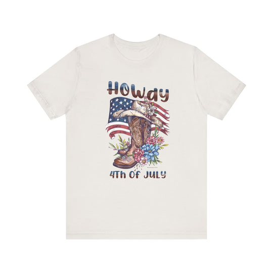 A white t-shirt featuring a cowboy hat, boots, and flowers, embodying a Western theme. Made of soft cotton, with ribbed knit collars and taping for durability. From Worlds Worst Tees, known for unique graphic t-shirts.