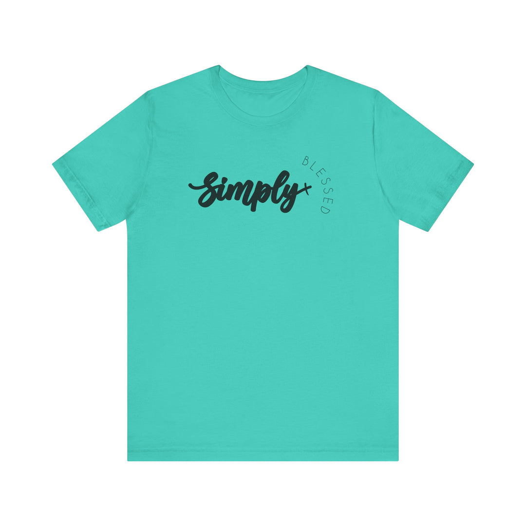 Simply Blessed Tee: Blue shirt with black text, featuring a classic unisex fit and ribbed knit collar, crafted from soft Airlume cotton for lasting comfort.