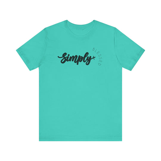 Simply Blessed Tee: Blue shirt with black text, featuring a classic unisex fit and ribbed knit collar, crafted from soft Airlume cotton for lasting comfort.