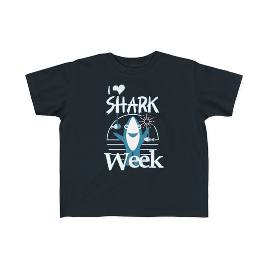 Toddler wearing I Love Shark Week tee, showcasing its soft, durable cotton fabric, ideal for sensitive skin. Perfect for early adventures. Classic fit, tear-away label.