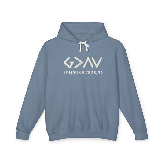 God is Greater Hoodie - Matching Set: Blue sweatshirt with white text, relaxed fit, crafted from 100% ring-spun US cotton, featuring a jersey-lined hood and flatcord.