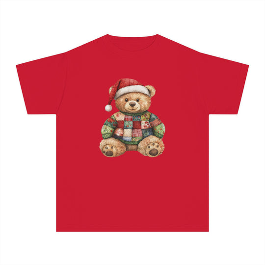 Christmas Bear Kids Tee featuring a teddy bear in a Santa hat and patchwork sweater, perfect for kids' active schedules with its soft, comfortable cotton fabric.