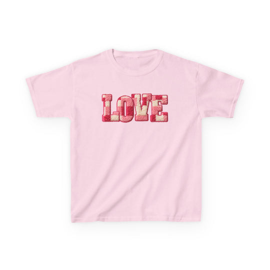Love Kids Tee featuring LOVE in textured pink and off-white chenille pattern on a light-pink, short-sleeve T-shirt, perfect for everyday wear.