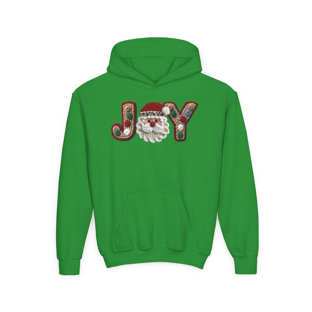 Joy Youth Hoodie featuring JOY text with Santa face, festive accents, kangaroo pocket, and ultra-soft fleece, perfect for kids' comfort and style.