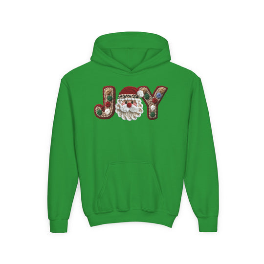 Joy Youth Hoodie featuring JOY text with Santa face, festive accents, kangaroo pocket, and ultra-soft fleece, perfect for kids' comfort and style.