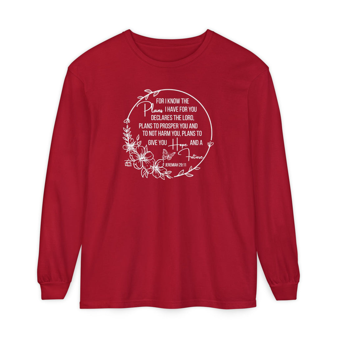 Plans Hope Future Long Sleeve Tee featuring Jeremiah 29:11 in a floral wreath with butterfly, made of soft ring-spun cotton, offering a relaxed fit.