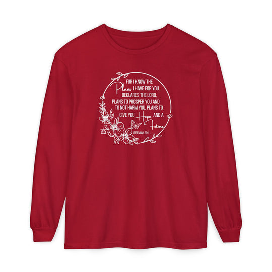 Plans Hope Future Long Sleeve Tee featuring Jeremiah 29:11 in a floral wreath with butterfly, made of soft ring-spun cotton, offering a relaxed fit.
