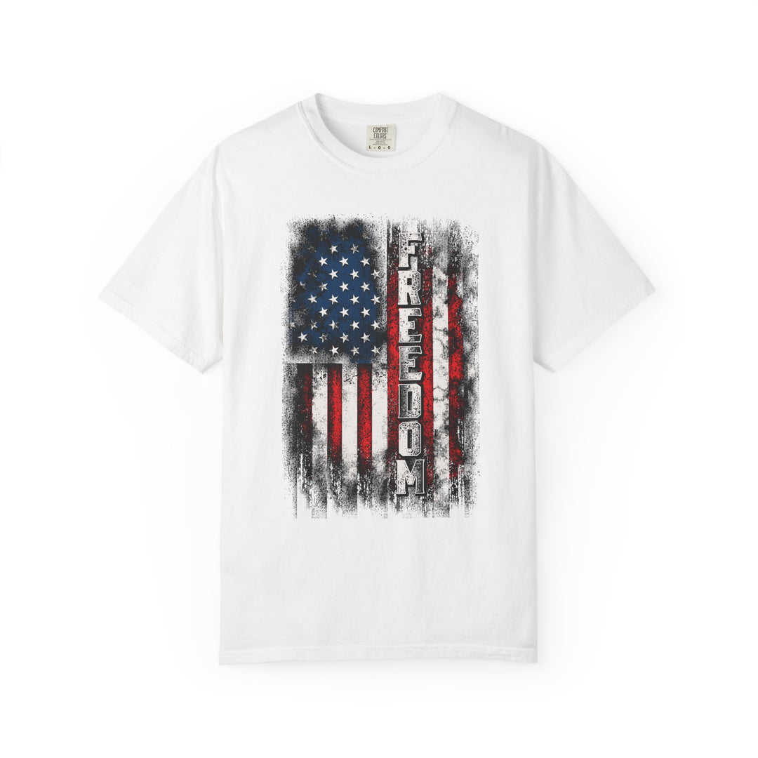 Freedom Tee featuring a distressed American-flag motif with vertical FREEDOM text, crafted from soft, durable Comfort Colors fabric, perfect for daily wear.