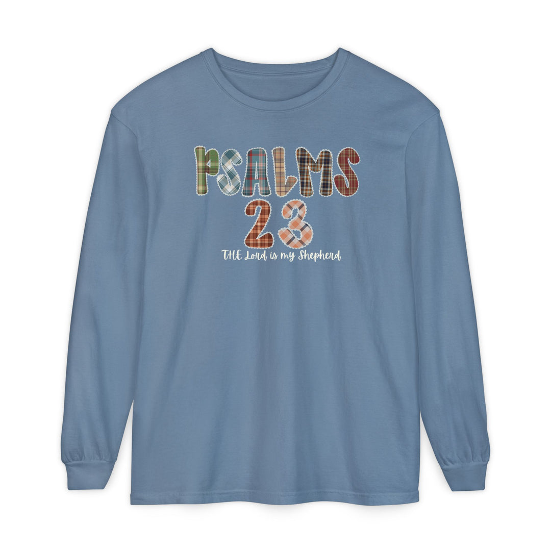 Light-blue long-sleeve tee with PSALMS 23 patchwork graphic and The Lord is my Shepherd script, made from 100% ring-spun cotton for softness and comfort.