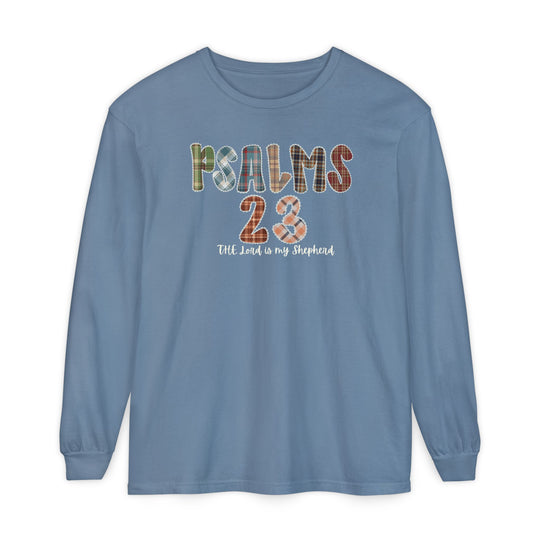 Light-blue long-sleeve tee with PSALMS 23 patchwork graphic and The Lord is my Shepherd script, made from 100% ring-spun cotton for softness and comfort.