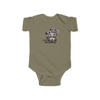 A Buckaroo Onesie infant bodysuit featuring a cow in a cowboy hat. Made of 100% cotton, light fabric with ribbed bindings and plastic snaps for easy changing access. From Worlds Worst Tees.