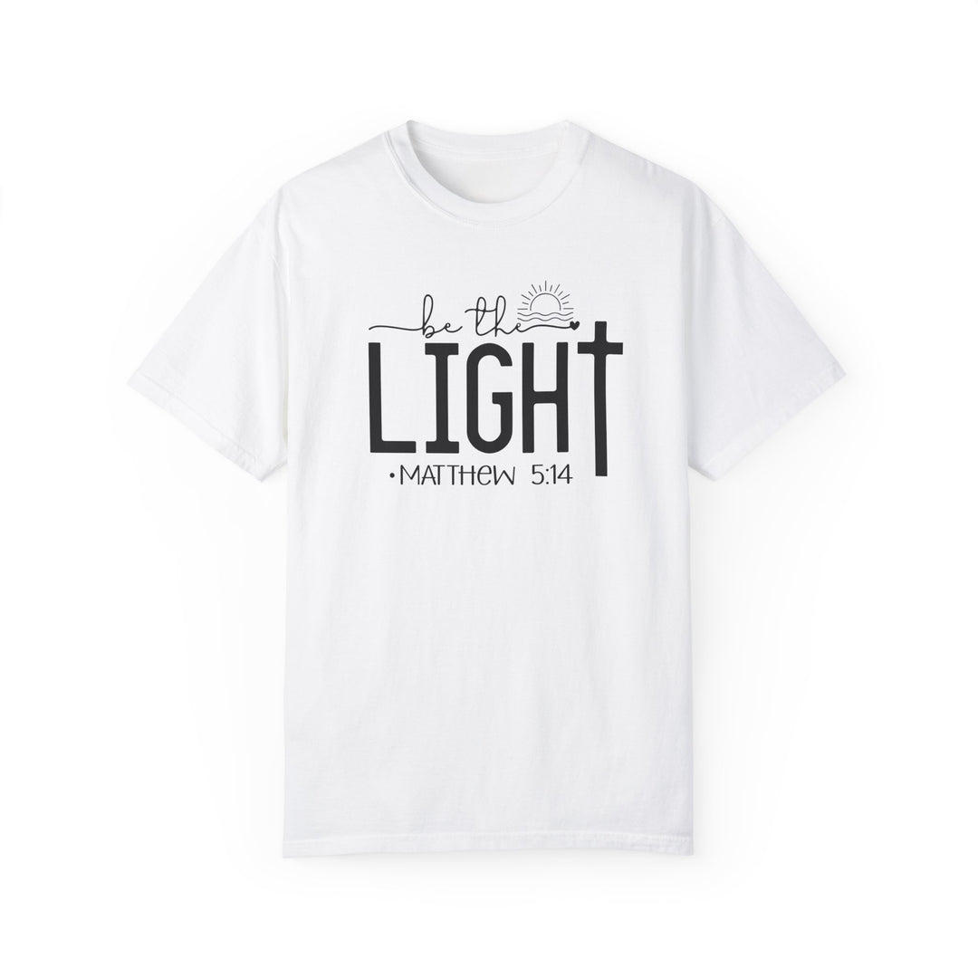 A ring-spun cotton Be the Light Tee, garment-dyed for coziness. Relaxed fit, double-needle stitching, and no side-seams for durability and shape retention. Ideal for daily wear.