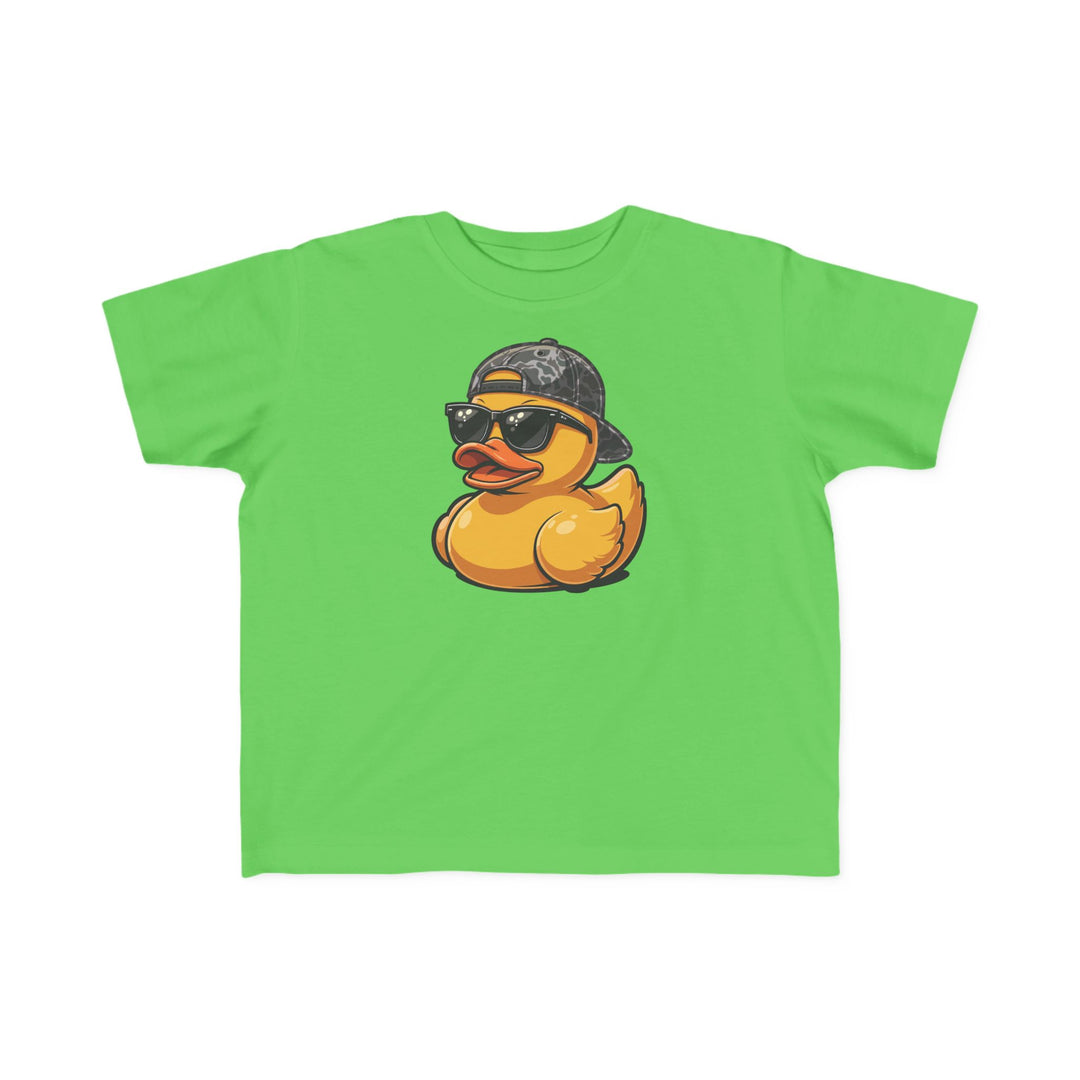 Ducky Toddler Tee featuring a cartoon rubber duck with sunglasses and a backward cap, offering a soft, durable fit for toddlers' comfort and style.