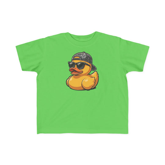 Ducky Toddler Tee featuring a cartoon rubber duck with sunglasses and a backward cap, offering a soft, durable fit for toddlers' comfort and style.