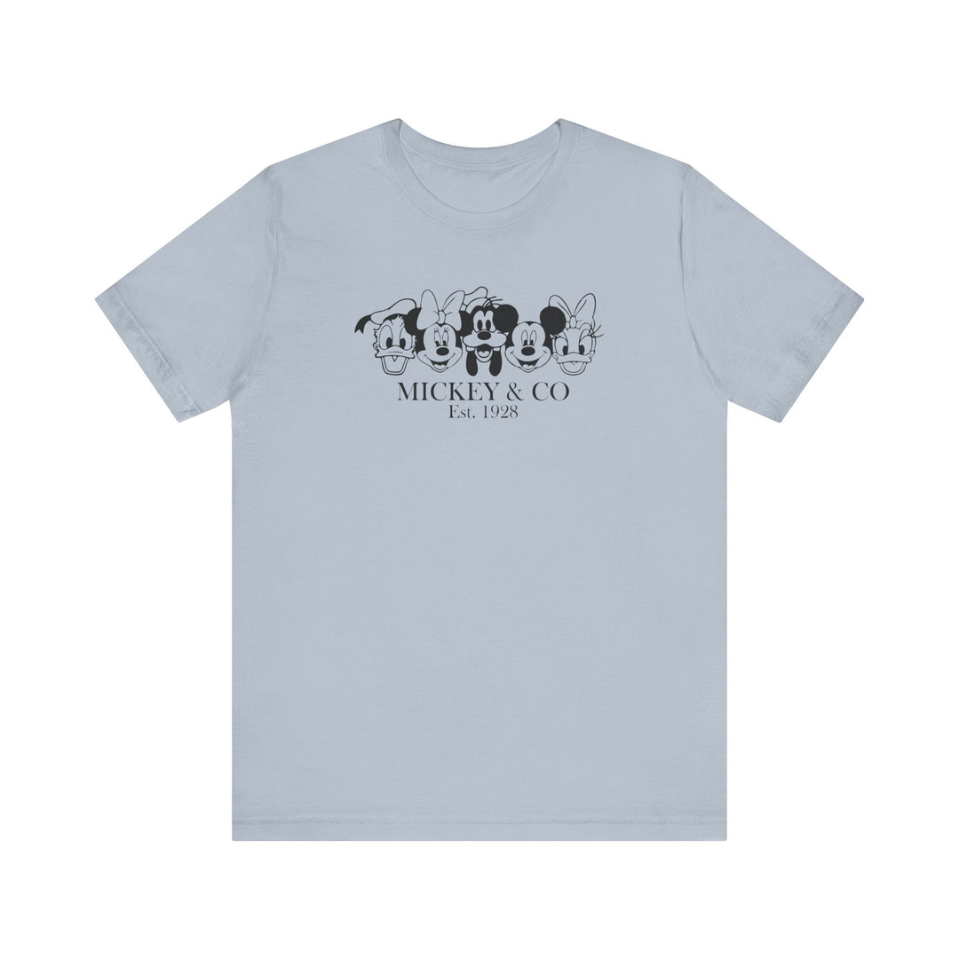 Mickey and CO Tee, a classic unisex jersey short sleeve shirt, features soft cotton with ribbed knit collars and tapered shoulders for a comfortable, enduring fit.