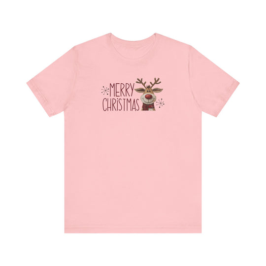 Merry Christmas Reindeer Tee featuring a cartoon reindeer with antlers, red nose, and scarf, accented by snowflakes on a light pink background.