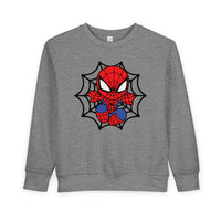 Heather-gray Spider Kid Toddler Crew sweatshirt with a chibi Spider-Man graphic framed by a black spiderweb, showcasing durable stitching and a cozy fleece blend for toddlers.