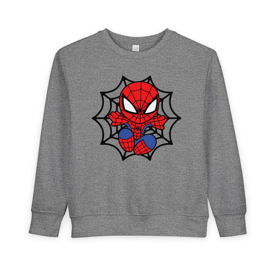 Heather-gray Spider Kid Toddler Crew sweatshirt with a chibi Spider-Man graphic framed by a black spiderweb, showcasing durable stitching and a cozy fleece blend for toddlers.