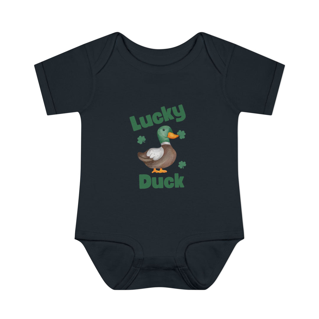 Lucky Duck Onesie featuring a cartoon duck graphic, designed in soft, ring-spun cotton for infant comfort with convenient lap shoulders.