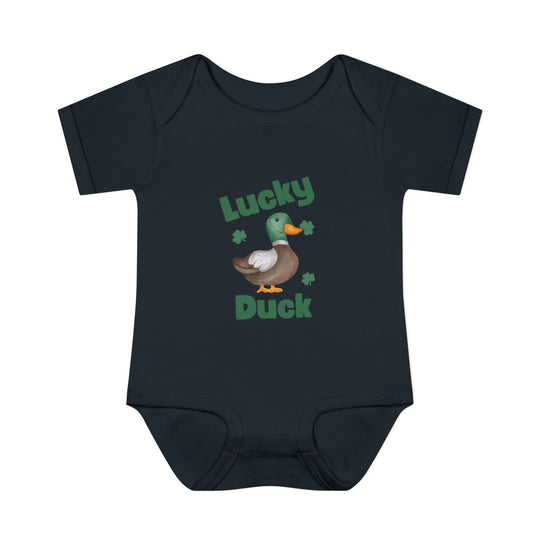 Lucky Duck Onesie featuring a cartoon duck graphic, designed in soft, ring-spun cotton for infant comfort with convenient lap shoulders.