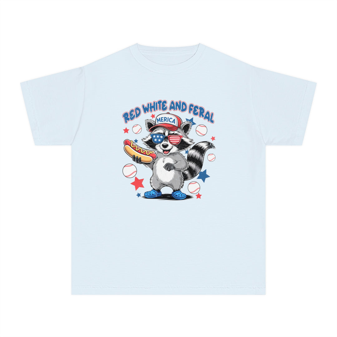 Red White and Feral Baseball 4th Kids Tee, classic fit, soft-washed, garment-dyed, 100% combed cotton, designed for comfort and agility in active kids' schedules.