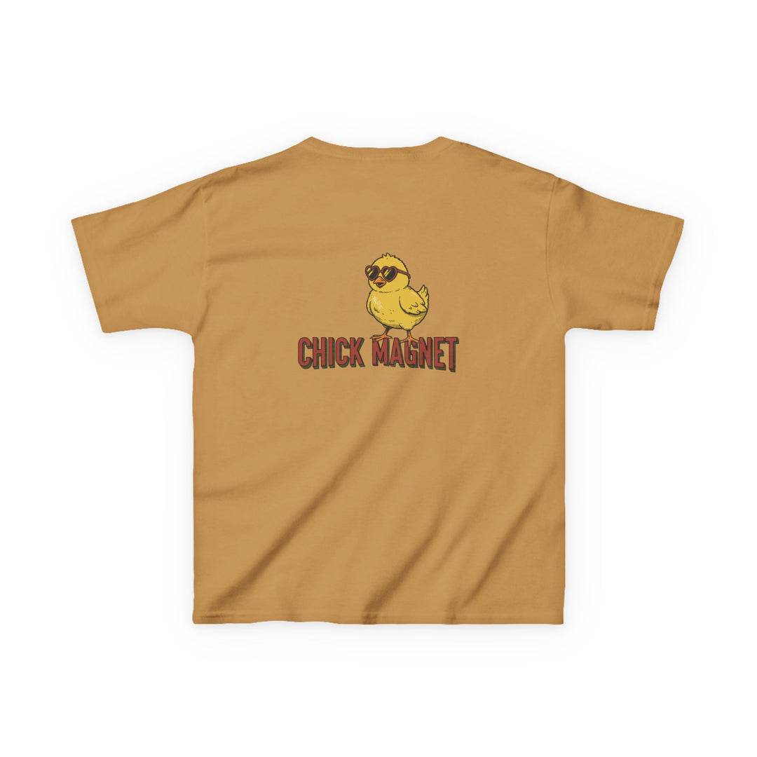 Back view of the Chick Magnet Kids Tee featuring a cartoon chick in heart sunglasses with the slogan, ideal for everyday wear with durable, soft cotton fabric.