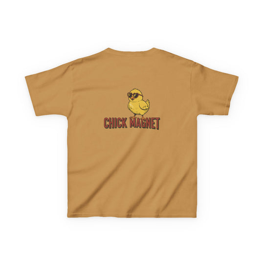 Back view of the Chick Magnet Kids Tee featuring a cartoon chick in heart sunglasses with the slogan, ideal for everyday wear with durable, soft cotton fabric.