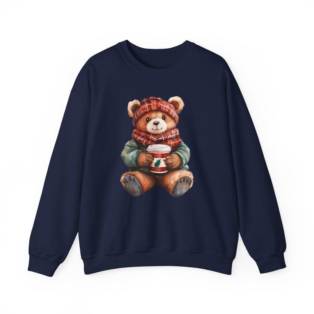 Navy-blue crewneck sweatshirt, Old Money Bear Crew, featuring a teddy bear in winter attire holding a holiday drink, offering comfort and durable style for colder months.