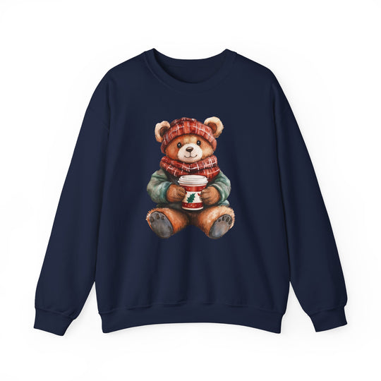 Navy-blue crewneck sweatshirt, Old Money Bear Crew, featuring a teddy bear in winter attire holding a holiday drink, offering comfort and durable style for colder months.