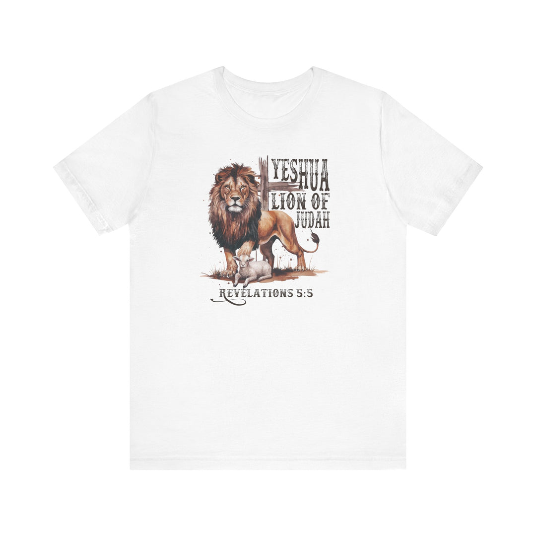 Yeshua Lion of Judah Tee features a detailed lion and lamb graphic on a white unisex jersey t-shirt, offering a classic, comfortable fit.