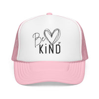 Pink-and-white Be Kind Foam Trucker Hat with heart details, featuring structured design, pre-curved visor, and adjustable fit, embodying Faith Family Designs' trendy, heartfelt style.