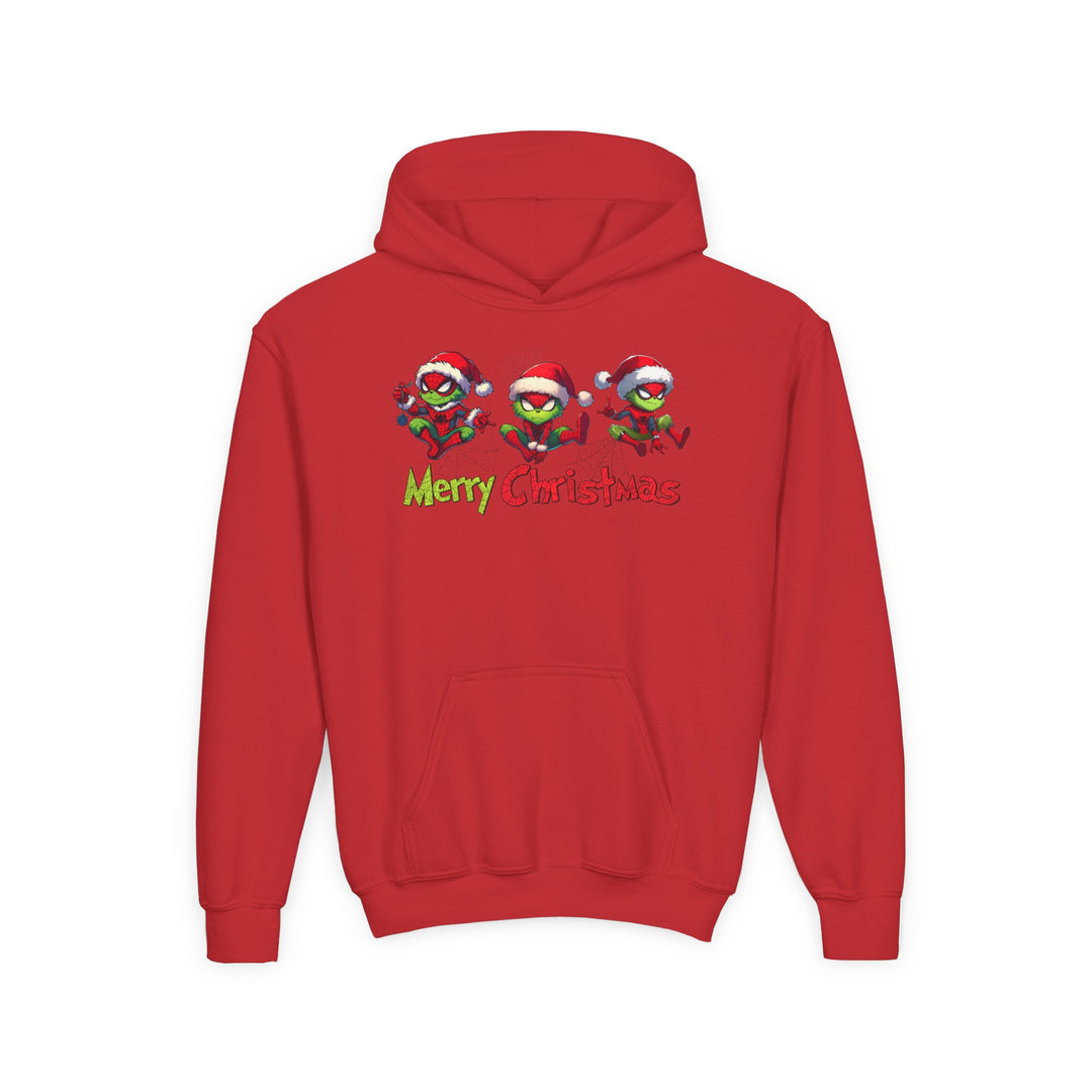Spider Youth Hoodie featuring festive cartoon spiders in Santa hats and Merry Christmas text; ultra-soft fleece, kangaroo pocket, regular fit.