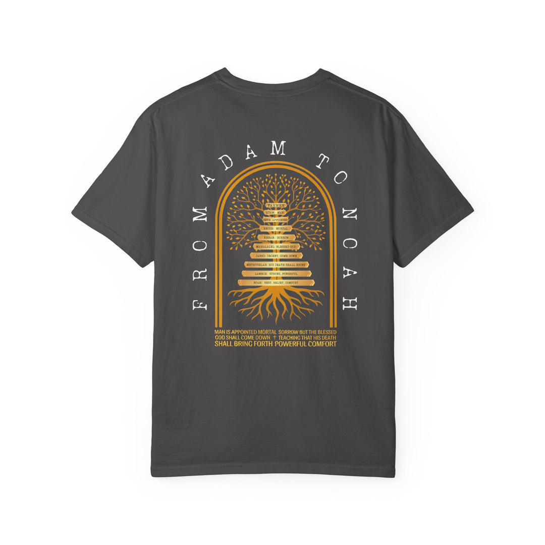 Adam to Noah Tree Tee features a gold tree graphic listing ten generations, with meanings, on a charcoal-gray T-shirt, highlighting biblical lineage and profound message.