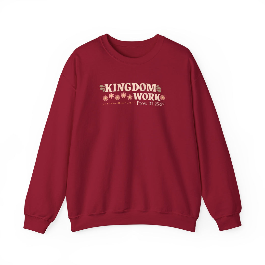 Motherhood Kingdom Work Crew sweatshirt features KINGDOM WORK text and floral motifs, with scripture reference. Ribbed collar, 50/50 cotton-poly blend for comfort.