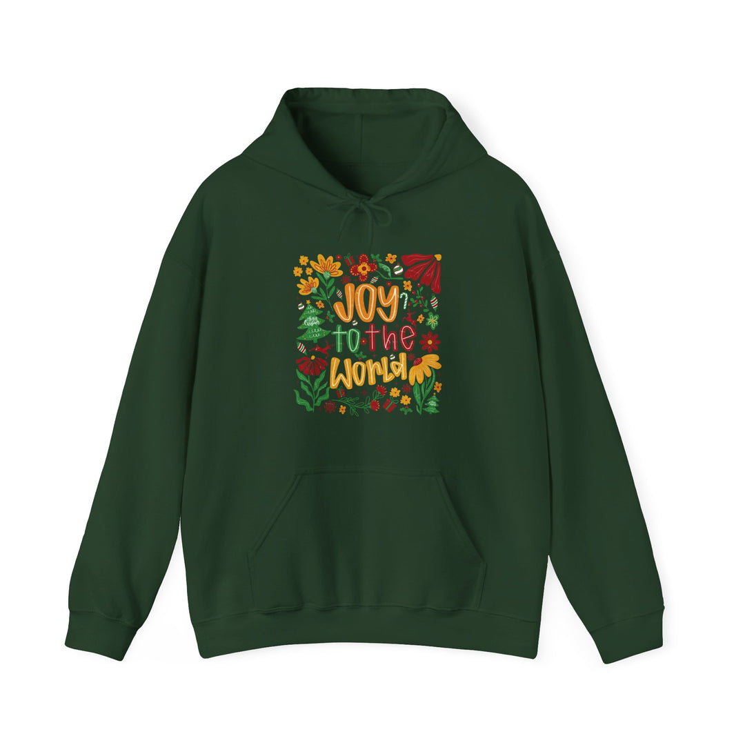 Dark green Joy to the World hoodie featuring festive graphics with flowers, evergreens, and candy canes, offering warmth and comfort with a kangaroo pocket.
