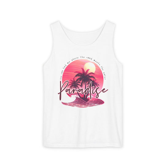Paradise Tank Top, a relaxed-fit unisex garment made from 100% ring-spun US cotton, showcasing sustainable manufacturing and vibrant, eco-friendly dyes.