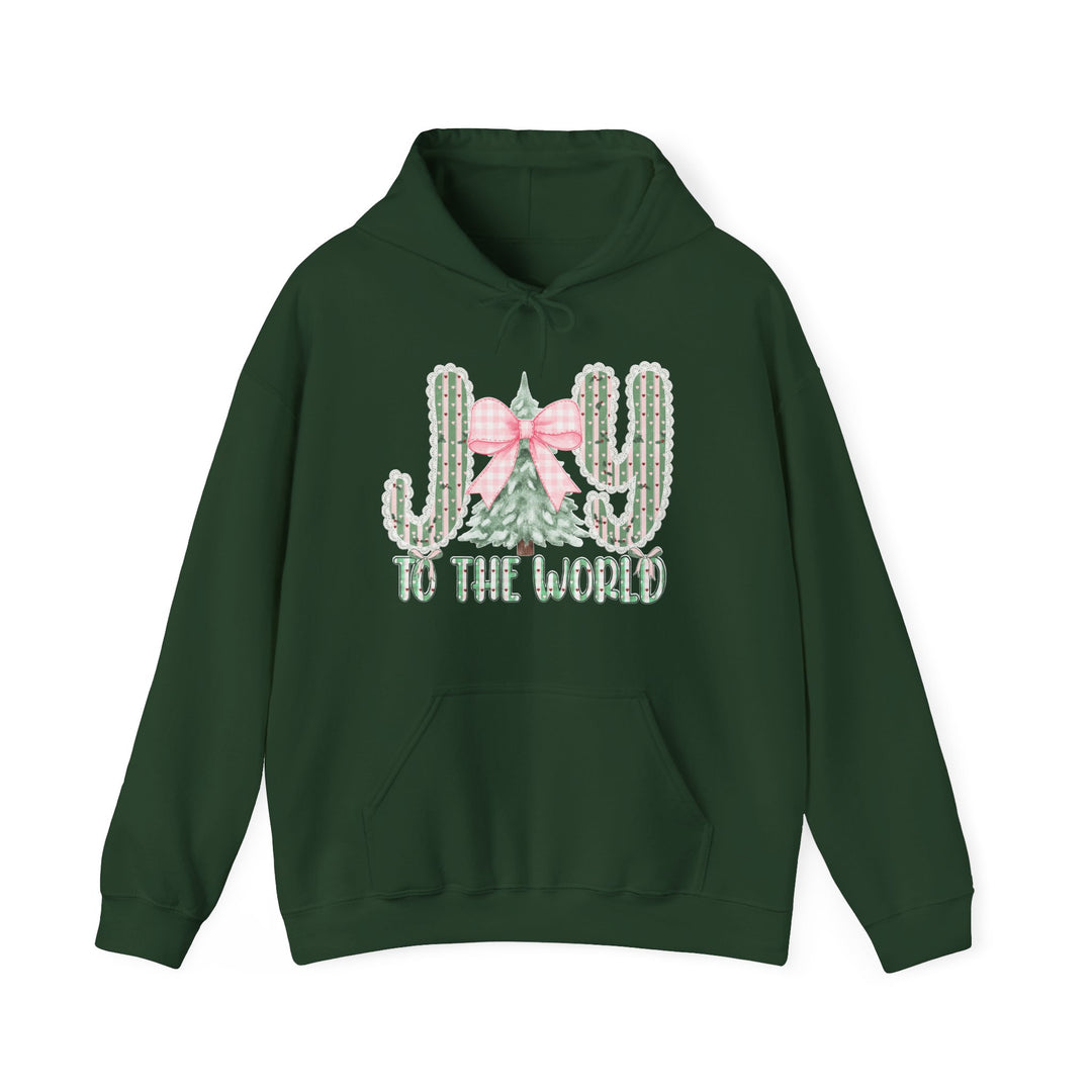 Dark-green pullover hoodie with holiday-themed JOY graphic, featuring lace-trimmed candy-stripe cacti and fir tree, reads JOY to the world. Cozy, unisex design.