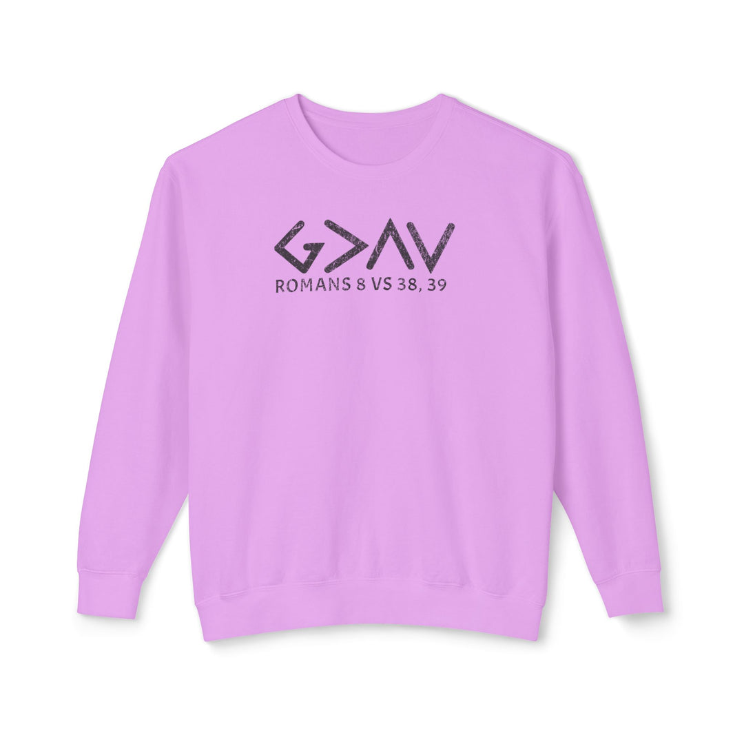 God is Greater Sweatshirt featuring black text on a purple background, made from soft, 100% ring-spun cotton, offering a relaxed fit and sustainable sourcing.