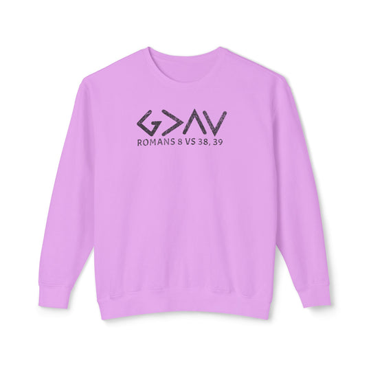 God is Greater Sweatshirt featuring black text on a purple background, made from soft, 100% ring-spun cotton, offering a relaxed fit and sustainable sourcing.