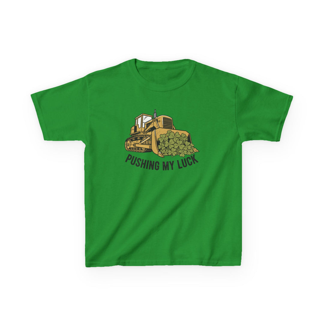 Bright green kids' tee with a cartoon bulldozer scooping shamrocks and the slogan 'PUSHING MY LUCK.' Perfect for everyday wear, durable and comfortable.