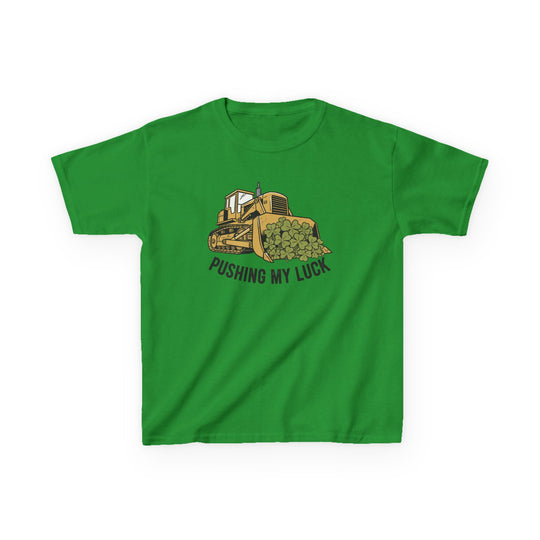 Bright green kids' tee with a cartoon bulldozer scooping shamrocks and the slogan 'PUSHING MY LUCK.' Perfect for everyday wear, durable and comfortable.