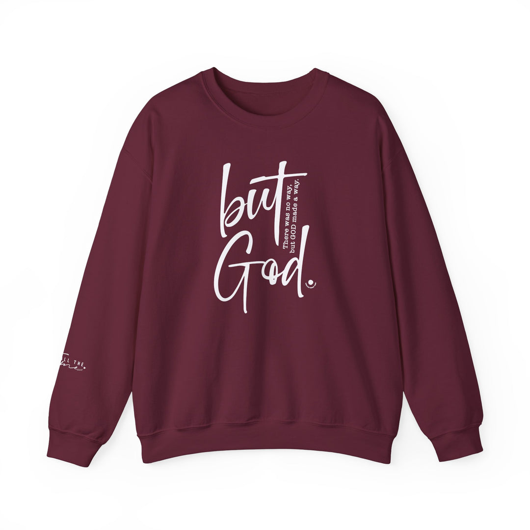 A unisex heavy blend crewneck sweatshirt featuring the But God Crew design. Made of 50% cotton and 50% polyester, offering comfort and durability with a ribbed knit collar and double-needle stitching. Ideal for colder months.