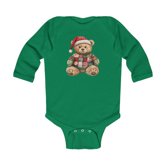 Christmas Bear Onesie featuring a teddy bear with a Santa hat and patchwork sweater, on a soft, long-sleeved green bodysuit with snap closures for easy changing.