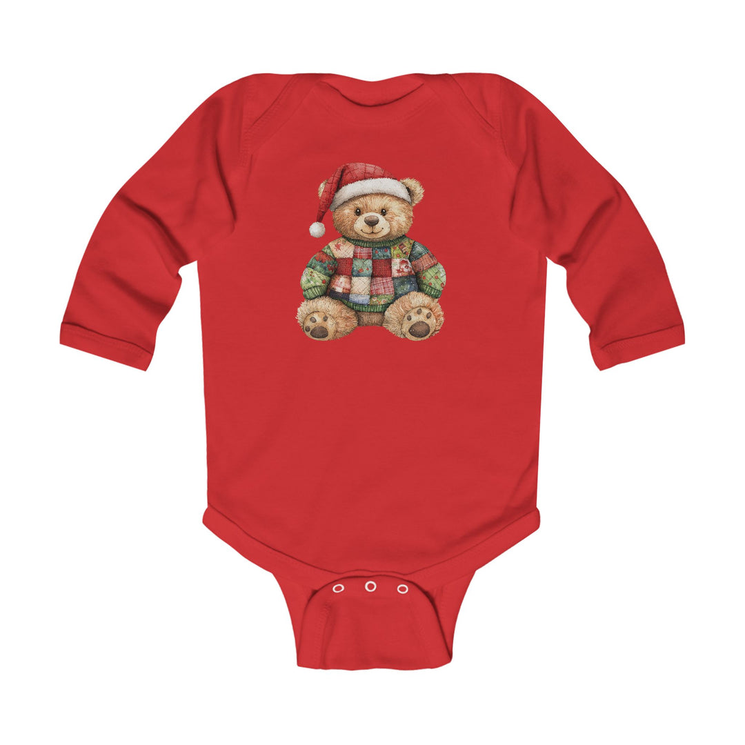 Christmas Bear Onesie: Red baby bodysuit featuring a teddy bear in a Santa hat and Christmas sweater, with durable ribbed bindings and easy-change snaps.